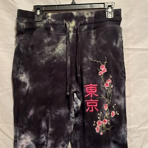 Blue & Pink Tie-Dye Blind Rooster Jogger Sweatpants with Embroidered Flowers - Picture 2 of 7